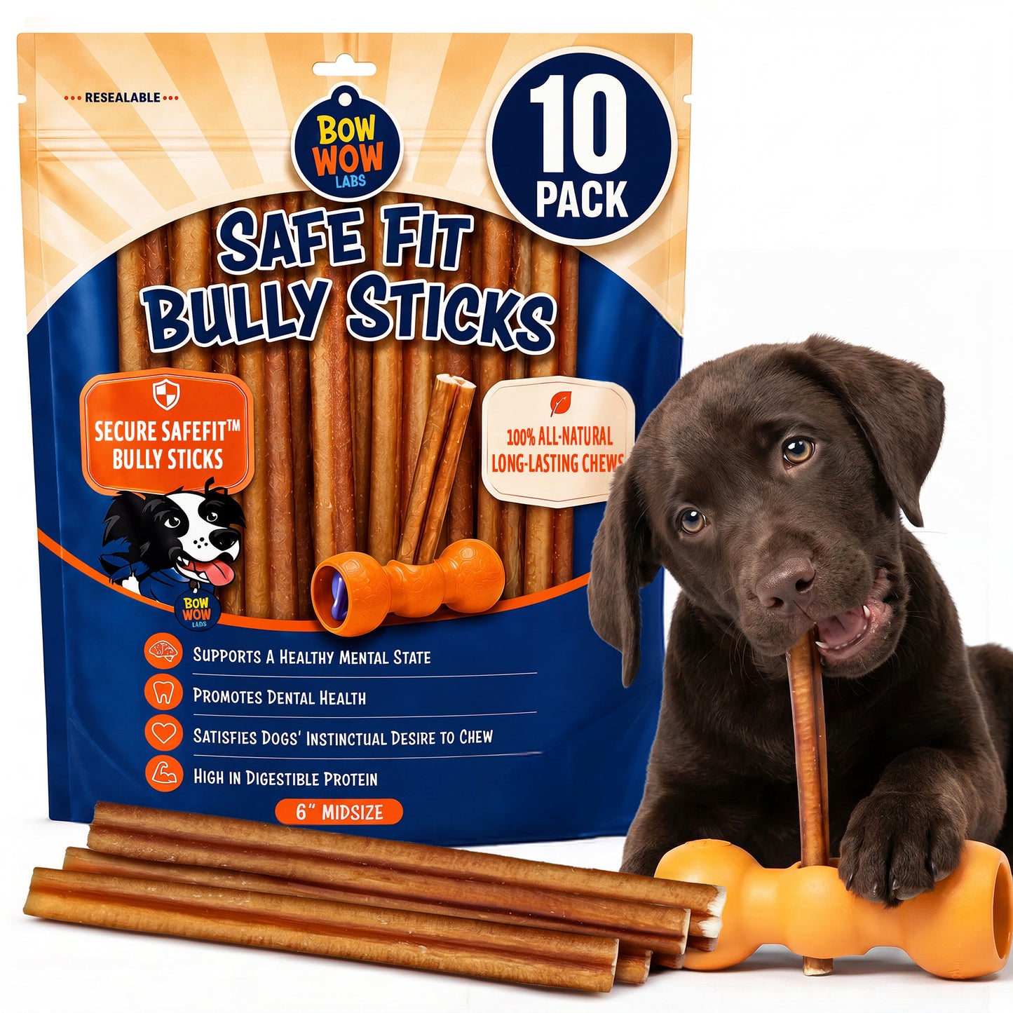 6" Midsize SafeFit Bully Sticks 10-pack with dog
