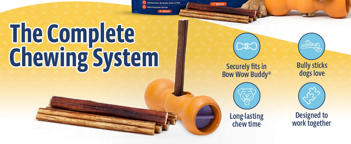 The Bow Wow Labs chewing system — SafeFit bully sticks sized for the Bow Wow Buddy