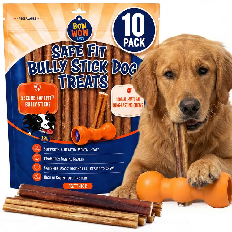 12" Thick SafeFit Bully Sticks 10-pack with dog #v:12-thick