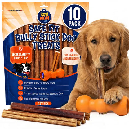 12" Thick SafeFit Bully Sticks 10-pack with dog
