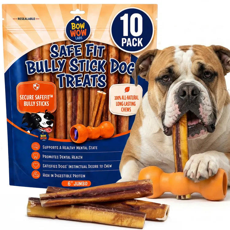 6" Jumbo SafeFit Bully Sticks 10-pack with dog #v:6-jumbo