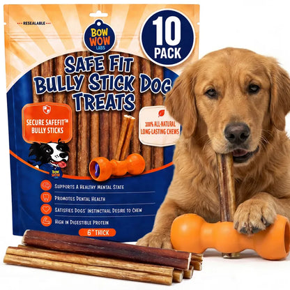 6" Thick SafeFit Bully Sticks 10-pack with dog