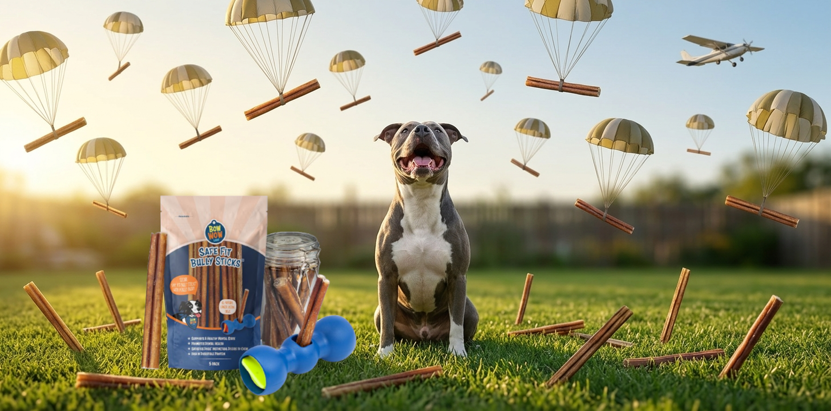 Bully sticks parachuting from the sky to a happy dog